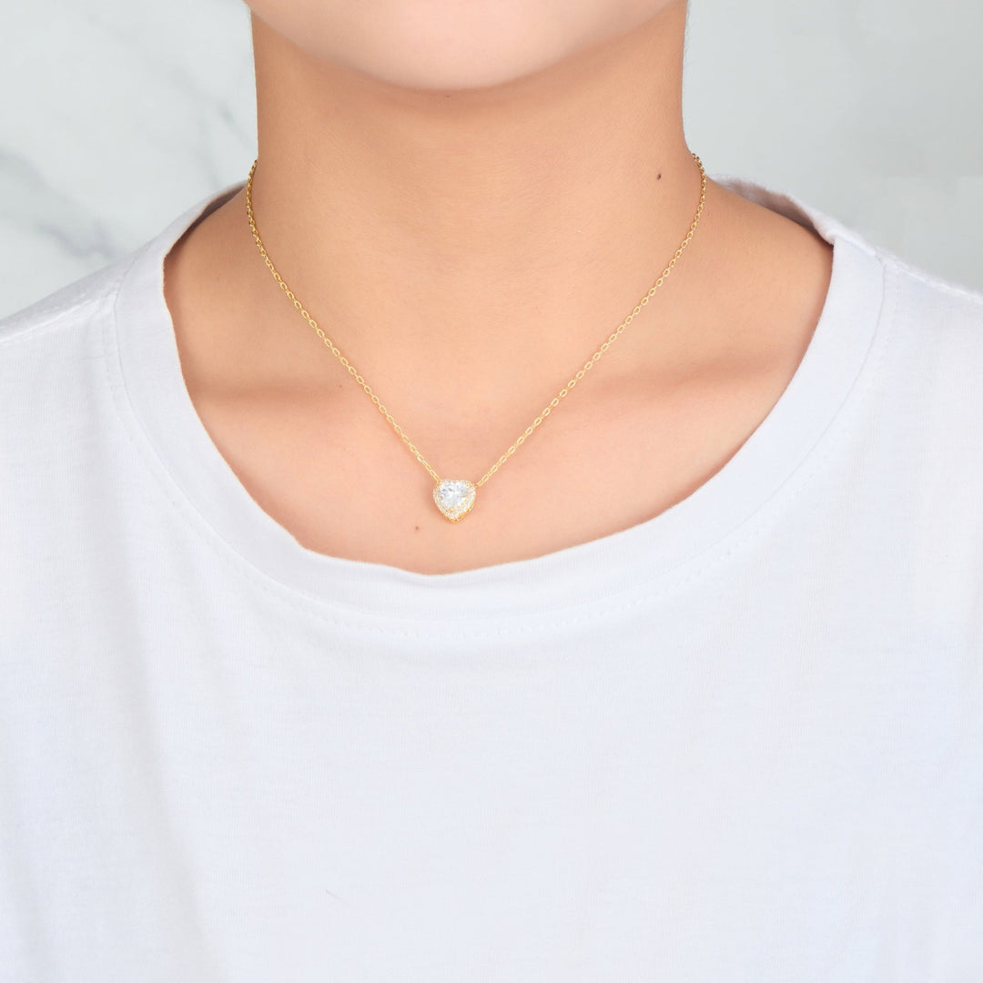 Gold Plated Heart Halo Necklace Created with Zircondia® Crystals - Philip Jones Jewellery