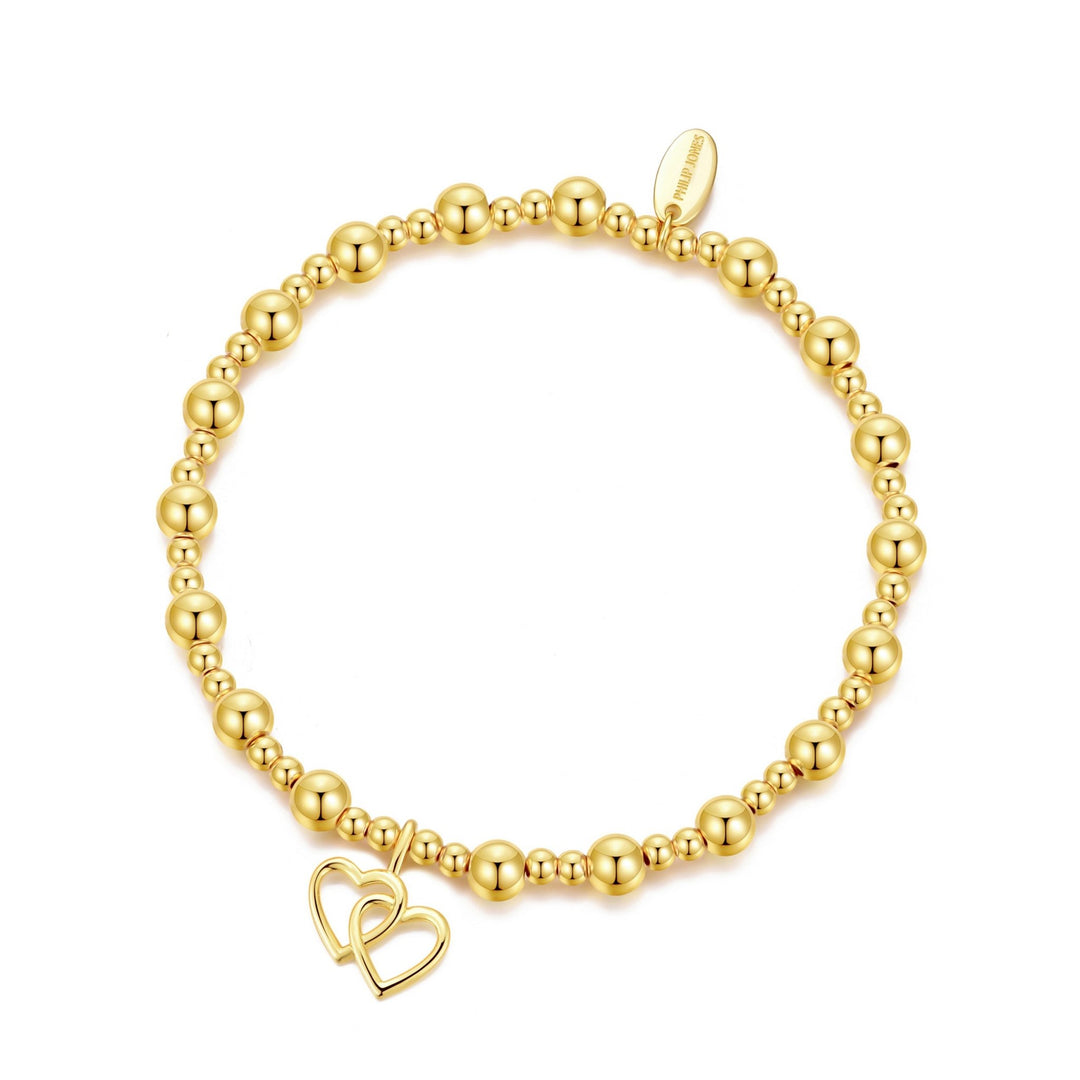 Gold Plated Heart Link Beaded Stretch Bracelet - Philip Jones Jewellery