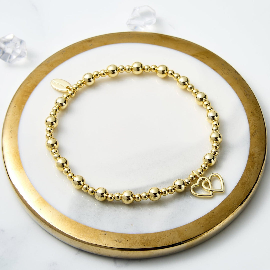 Gold Plated Heart Link Beaded Stretch Bracelet - Philip Jones Jewellery