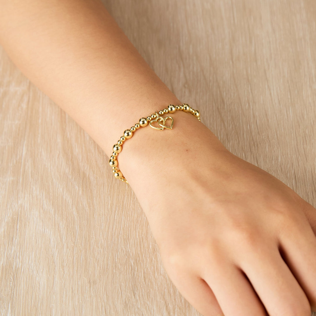 Gold Plated Heart Link Beaded Stretch Bracelet - Philip Jones Jewellery