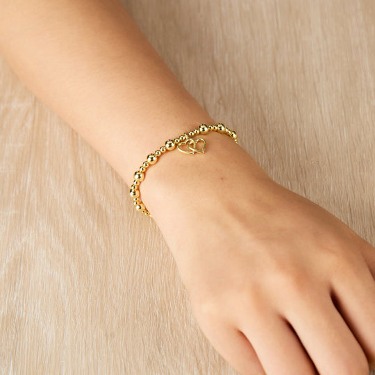 Gold Plated Heart Link Beaded Stretch Bracelet - Philip Jones Jewellery