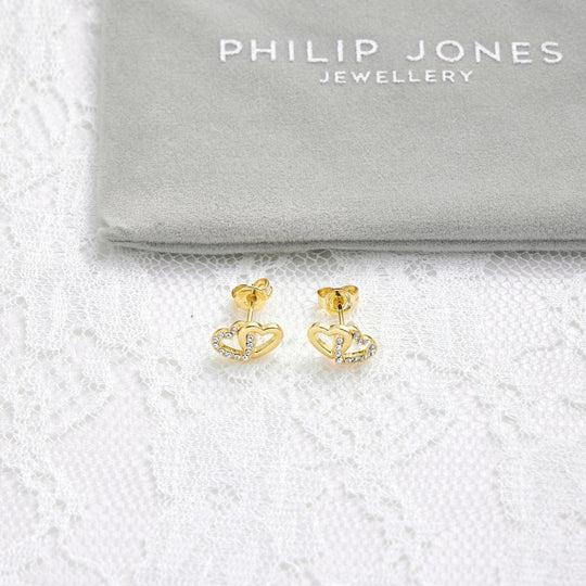 Gold Plated Heart Link Bridal Earrings Created with Zircondia® Crystals - Philip Jones Jewellery