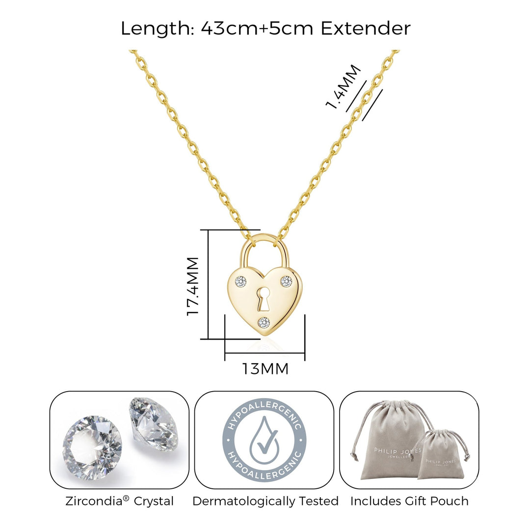 Gold Plated Heart Padlock Necklace Created with Zircondia® Crystals - Philip Jones Jewellery