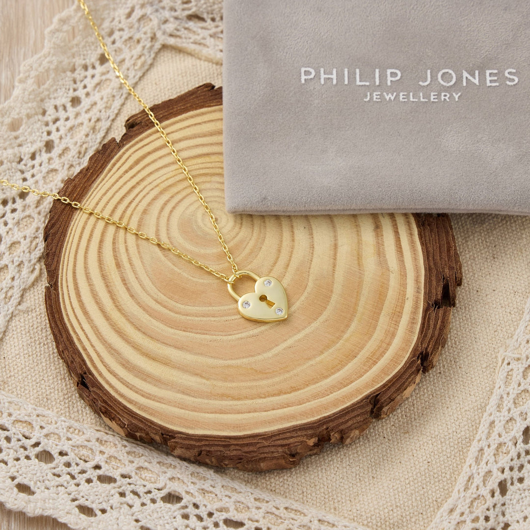 Gold Plated Heart Padlock Necklace Created with Zircondia® Crystals - Philip Jones Jewellery
