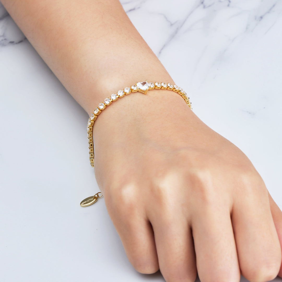 Gold Plated Heart Solitaire Tennis Bracelet Created with Zircondia® Crystals - Philip Jones Jewellery
