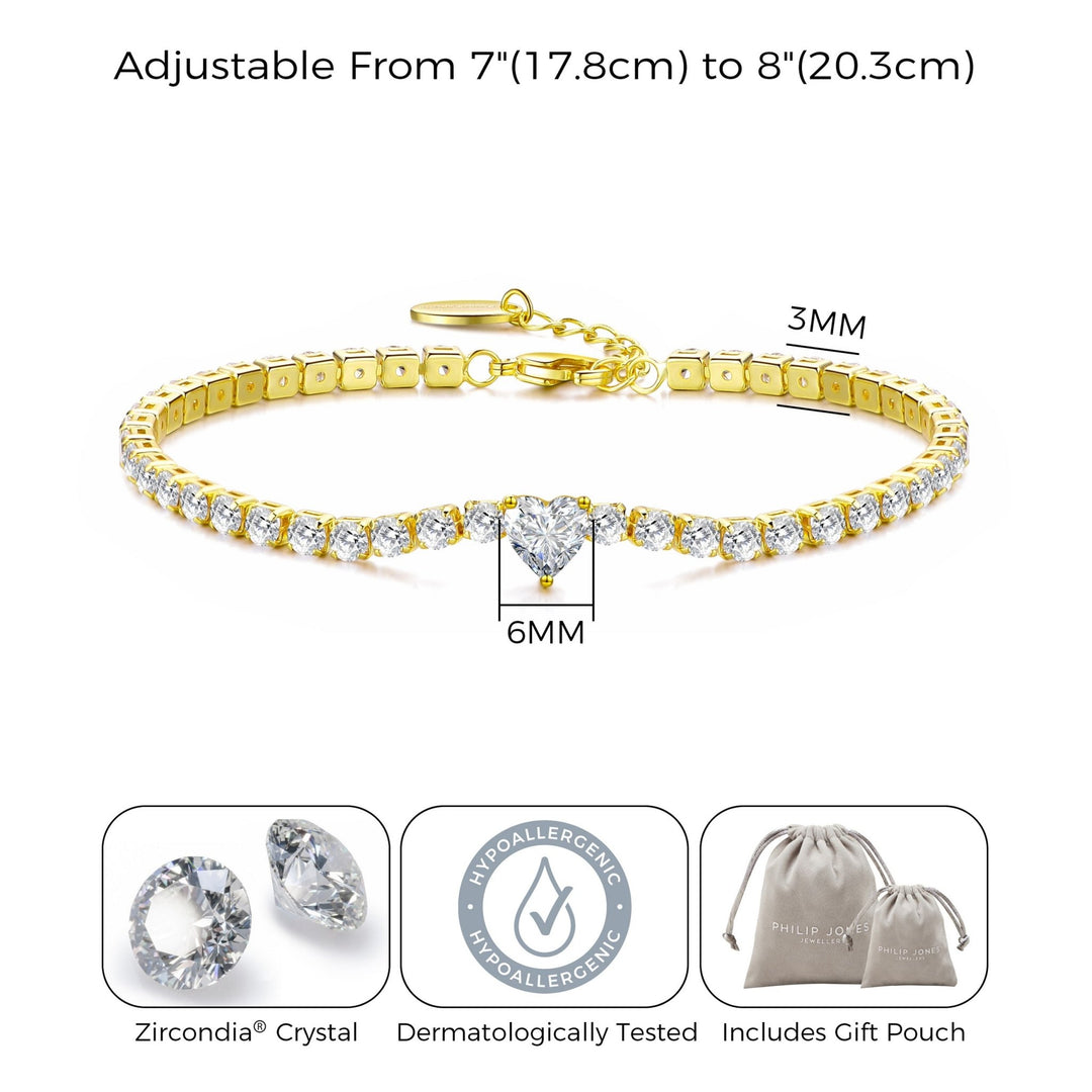 Gold Plated Heart Solitaire Tennis Bracelet Created with Zircondia® Crystals - Philip Jones Jewellery