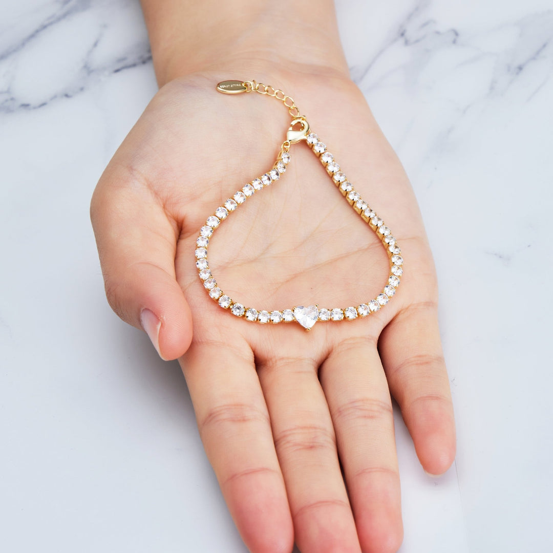 Gold Plated Heart Solitaire Tennis Bracelet Created with Zircondia® Crystals - Philip Jones Jewellery