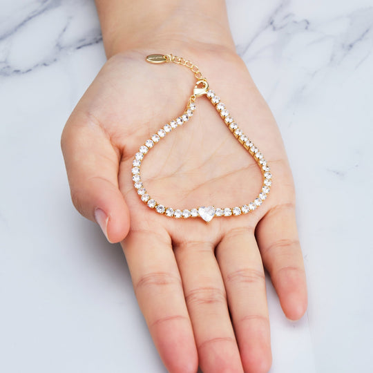 Gold Plated Heart Solitaire Tennis Bracelet Created with Zircondia® Crystals - Philip Jones Jewellery