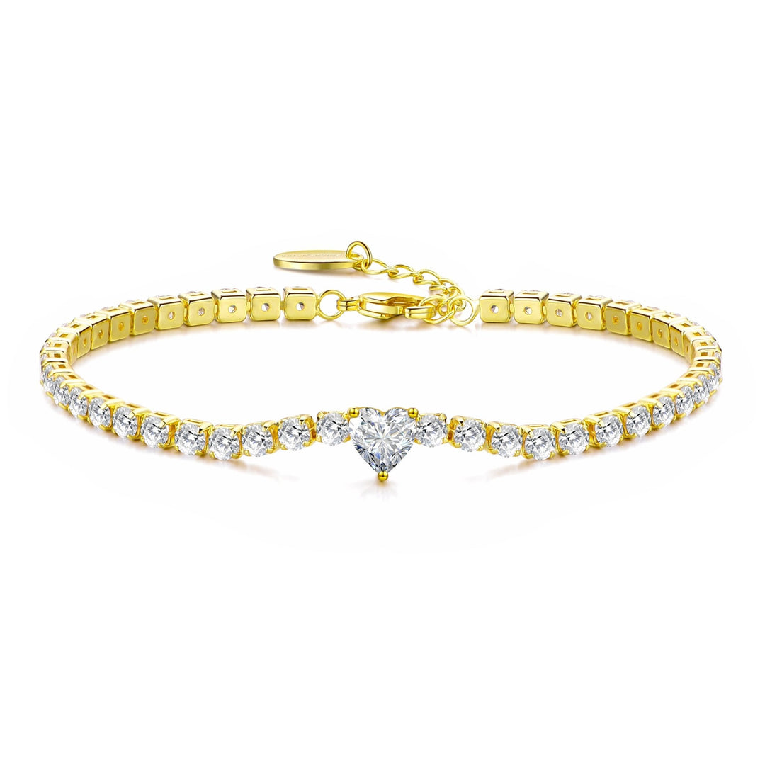 Gold Plated Heart Solitaire Tennis Bracelet Created with Zircondia® Crystals - Philip Jones Jewellery