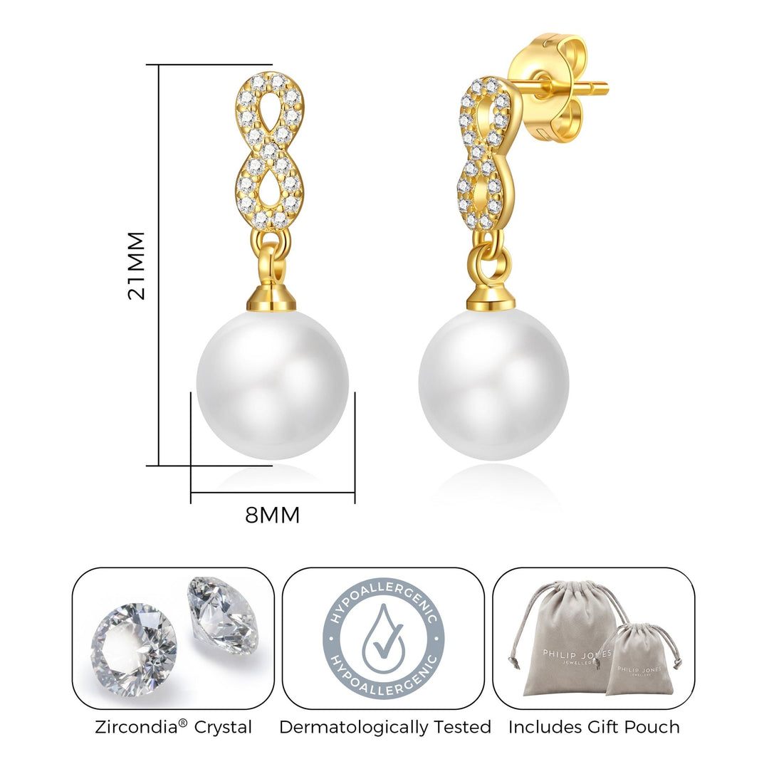 Gold Plated I Couldn't Say I Do Without You Infinity Pearl Drop Earrings with Zircondia® Crystals - Philip Jones Jewellery