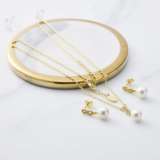 Gold Plated I Couldn't Say I Do Without You Infinity Pearl Drop Set with Zircondia® Crystals - Philip Jones Jewellery