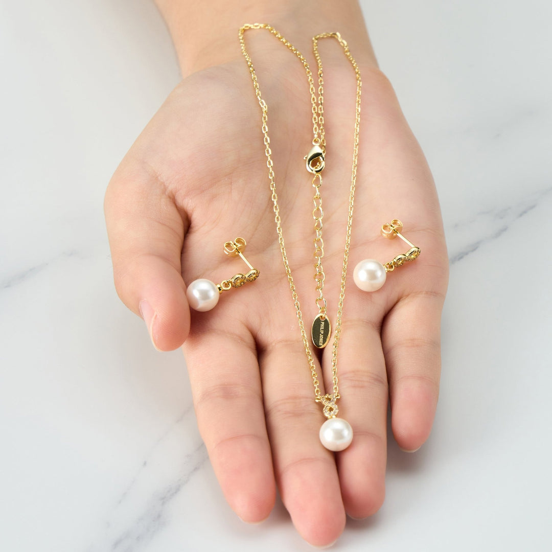 Gold Plated I Couldn't Say I Do Without You Infinity Pearl Drop Set with Zircondia® Crystals - Philip Jones Jewellery