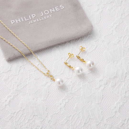 Gold Plated I Couldn't Say I Do Without You Infinity Pearl Drop Set with Zircondia® Crystals - Philip Jones Jewellery