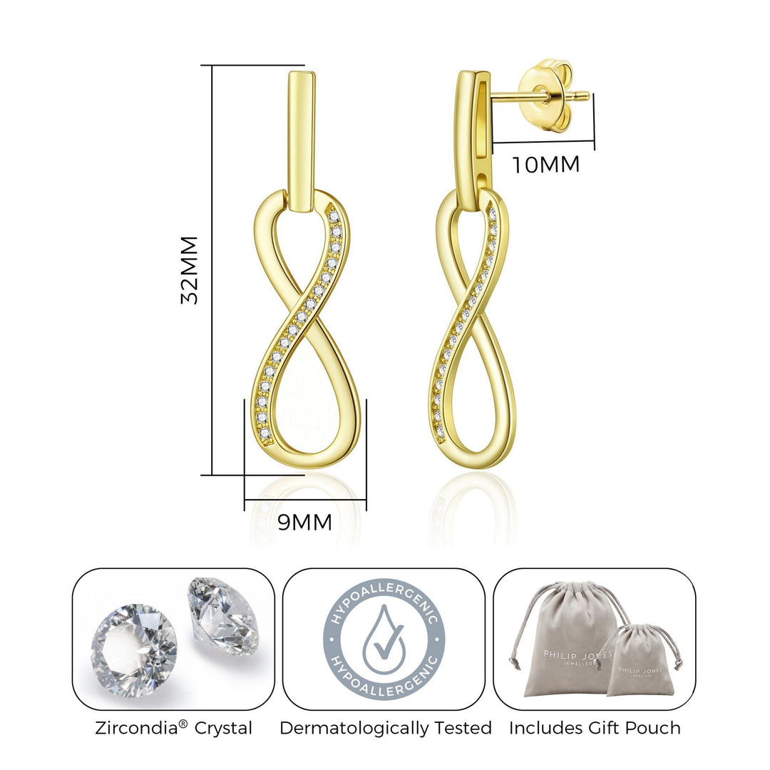 Gold Plated Infinity Drop Earrings Created with Zircondia® Crystals - Philip Jones Jewellery