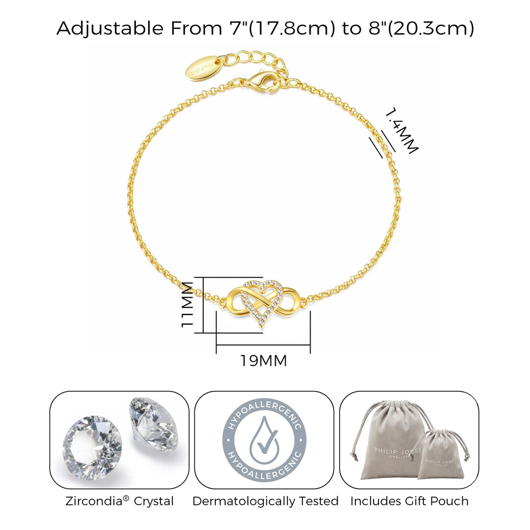 Gold Plated Infinity Heart Bracelet Created with Zircondia® Crystals - Philip Jones Jewellery