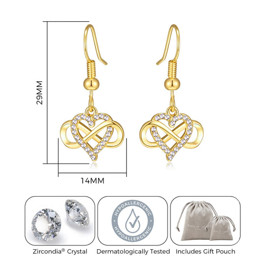 Gold Plated Infinity Heart Drop Earrings Created with Zircondia® Crystals - Philip Jones Jewellery