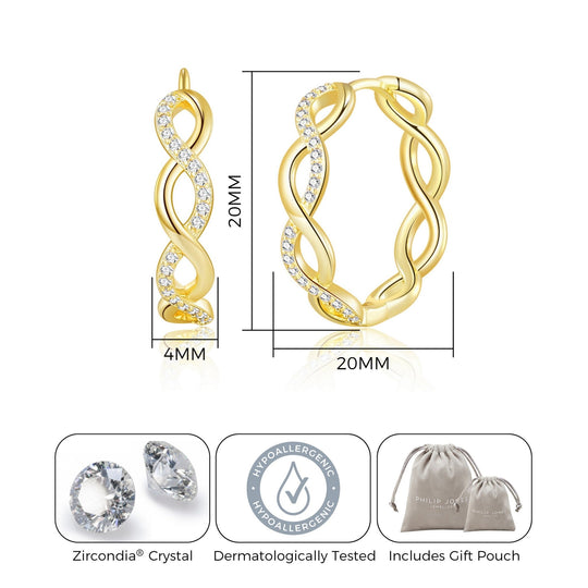 Gold Plated Infinity Hoop Earrings Created with Zircondia® Crystals - Philip Jones Jewellery