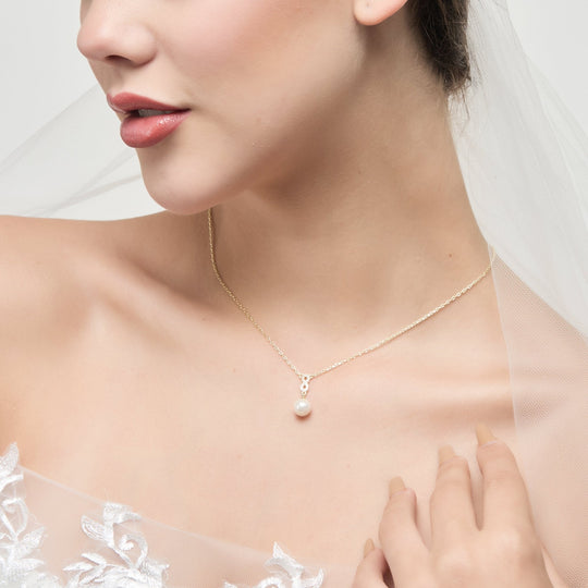 Gold Plated Infinity Pearl Drop Bridal Necklace Created with Zircondia® Crystals - Philip Jones Jewellery