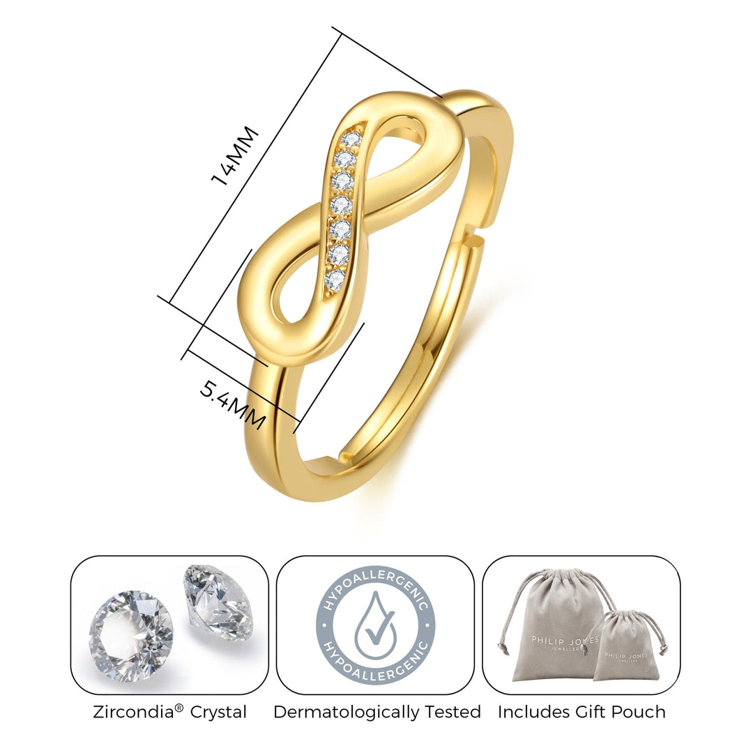 Gold Plated Infinity Ring Created with Zircondia® Crystals - Philip Jones Jewellery