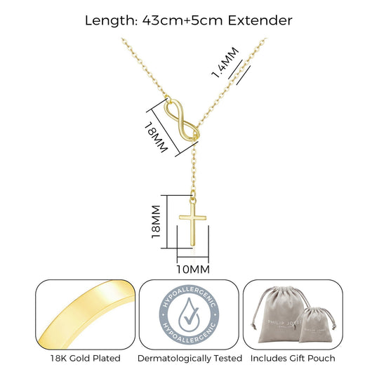Gold Plated Infinity with Cross Lariat Necklace - Philip Jones Jewellery
