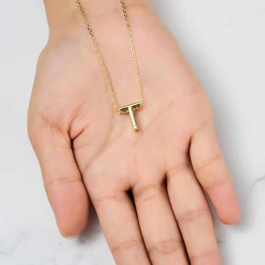 Gold Plated Initial Necklace Letter T Created with Zircondia® Crystals - Philip Jones Jewellery