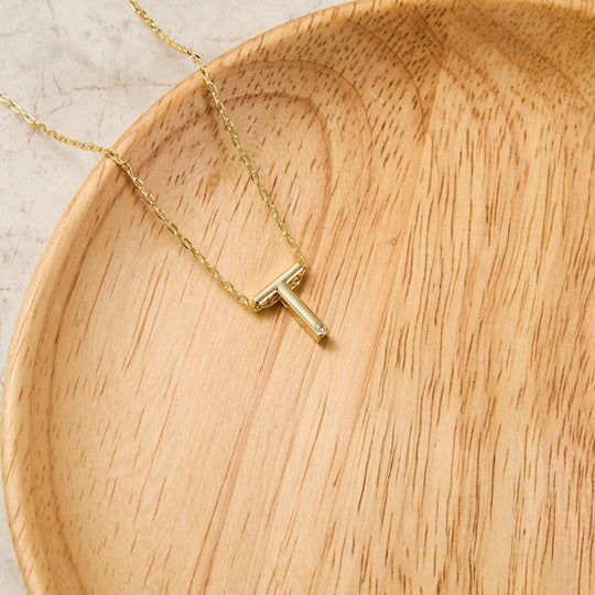 Gold Plated Initial Necklace Letter T Created with Zircondia® Crystals - Philip Jones Jewellery
