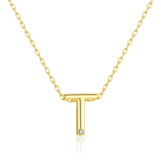 Gold Plated Initial Necklace Letter T Created with Zircondia® Crystals - Philip Jones Jewellery