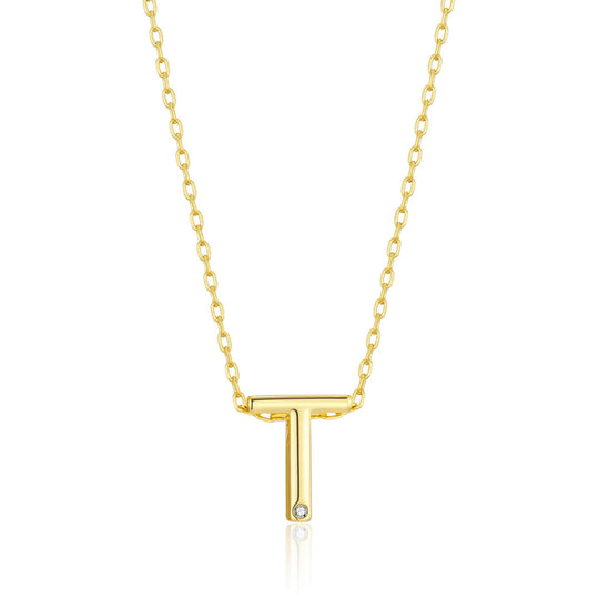 Gold Plated Initial Necklace Letter T Created with Zircondia® Crystals - Philip Jones Jewellery