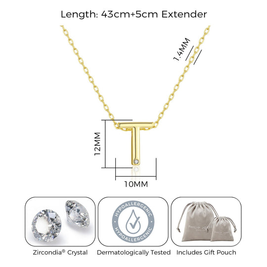 Gold Plated Initial Necklace Letter T Created with Zircondia® Crystals - Philip Jones Jewellery