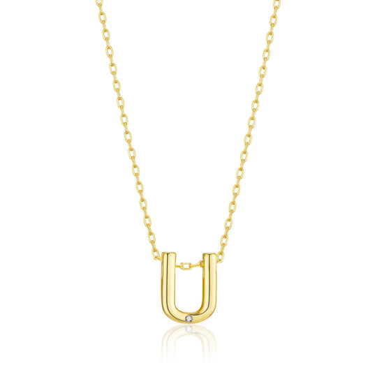 Gold Plated Initial Necklace Letter U Created with Zircondia® Crystals - Philip Jones Jewellery