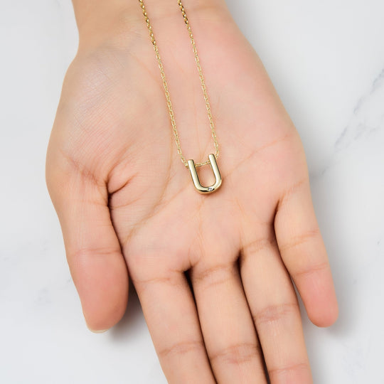 Gold Plated Initial Necklace Letter U Created with Zircondia® Crystals - Philip Jones Jewellery