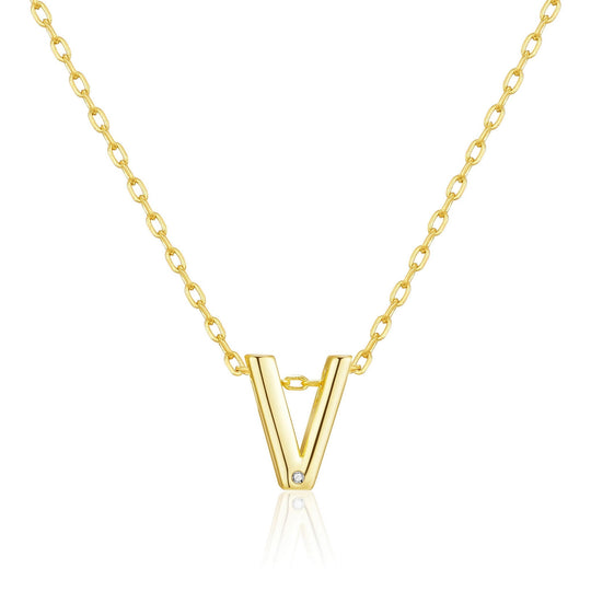 Gold Plated Initial Necklace Letter V Created with Zircondia® Crystals - Philip Jones Jewellery