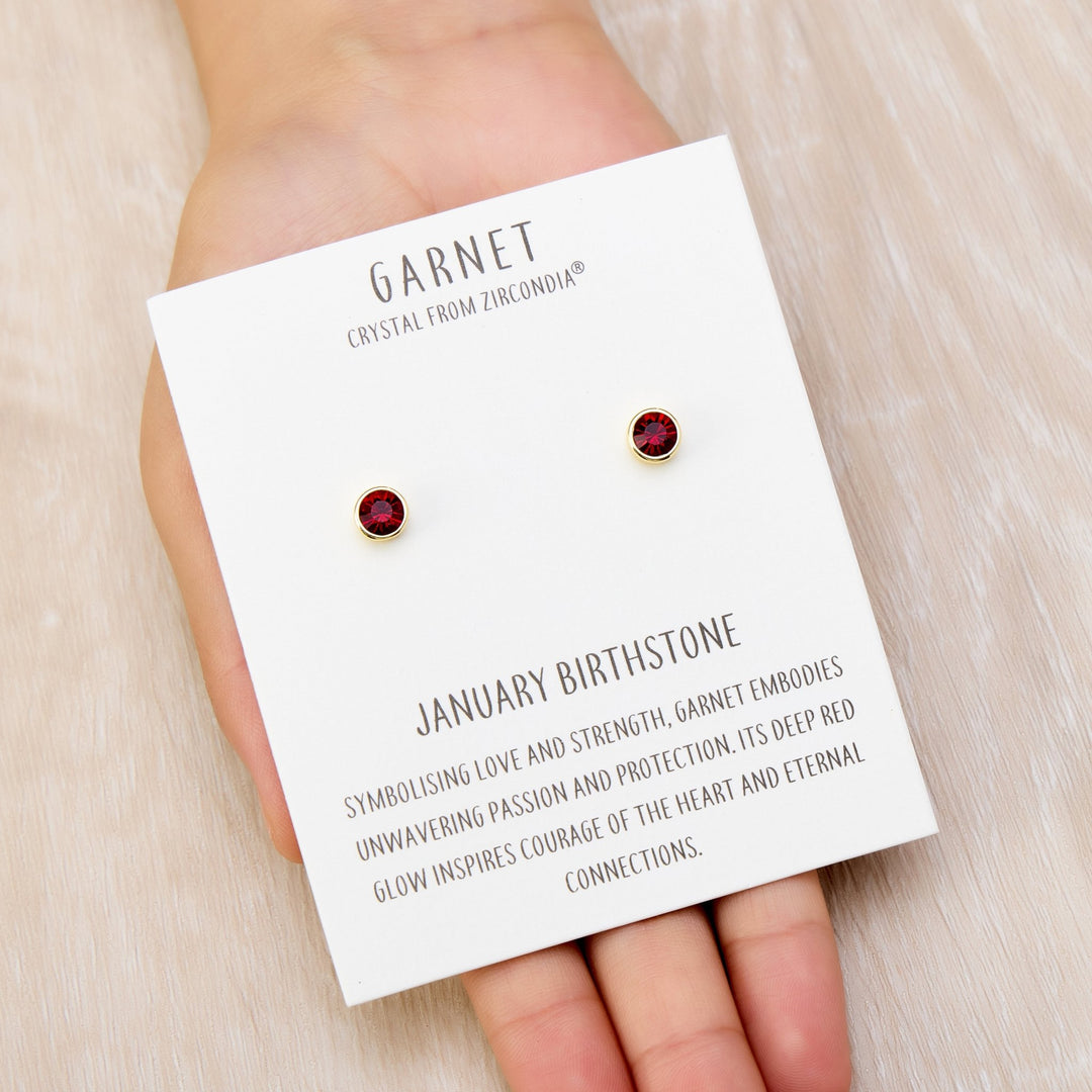 Gold Plated January (Garnet) Birthstone Earrings Created with Zircondia® Crystals - Philip Jones Jewellery