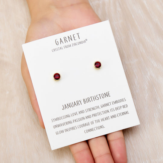 Gold Plated January (Garnet) Birthstone Earrings Created with Zircondia® Crystals - Philip Jones Jewellery