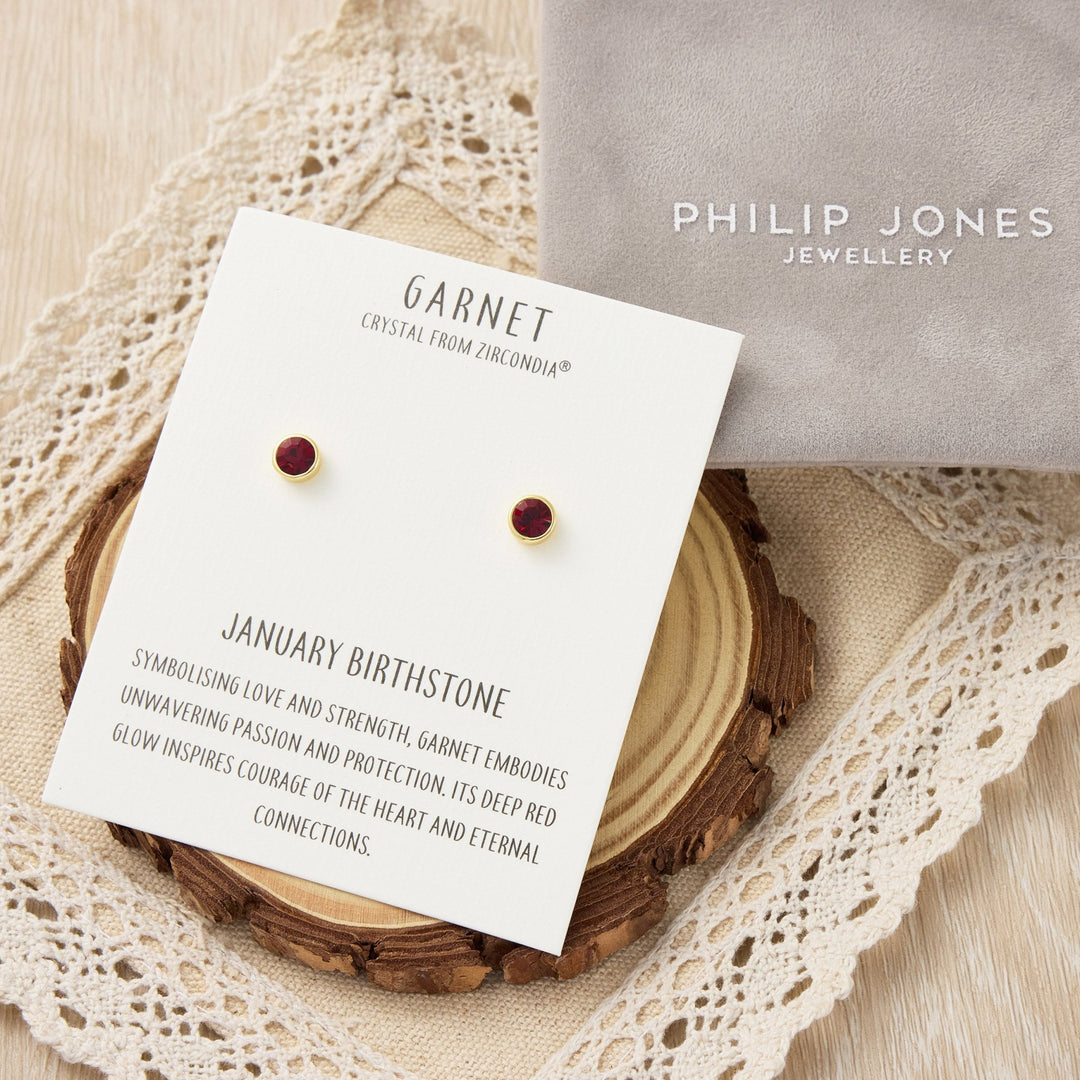 Gold Plated January (Garnet) Birthstone Earrings Created with Zircondia® Crystals - Philip Jones Jewellery