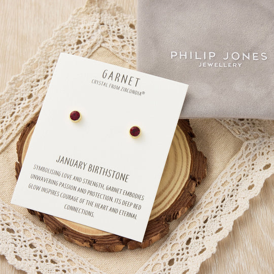 Gold Plated January (Garnet) Birthstone Earrings Created with Zircondia® Crystals - Philip Jones Jewellery