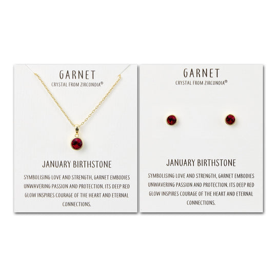 Gold Plated January (Garnet) Birthstone Necklace & Earrings Set Created with Zircondia® Crystals - Philip Jones Jewellery