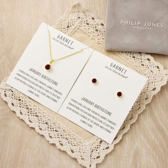Gold Plated January (Garnet) Birthstone Necklace & Earrings Set Created with Zircondia® Crystals - Philip Jones Jewellery