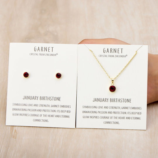 Gold Plated January (Garnet) Birthstone Necklace & Earrings Set Created with Zircondia® Crystals - Philip Jones Jewellery