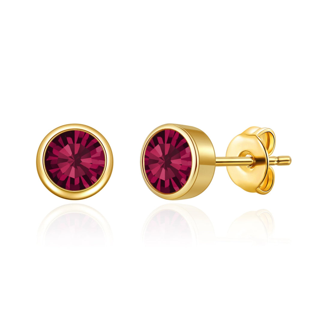 Gold Plated July (Ruby) Birthstone Earrings Created with Zircondia® Crystals - Philip Jones Jewellery
