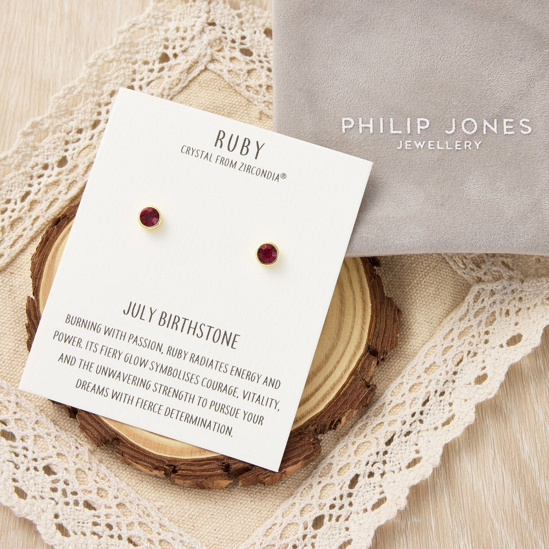 Gold Plated July (Ruby) Birthstone Earrings Created with Zircondia® Crystals - Philip Jones Jewellery