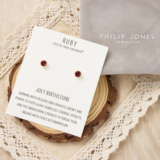 Gold Plated July (Ruby) Birthstone Earrings Created with Zircondia® Crystals - Philip Jones Jewellery