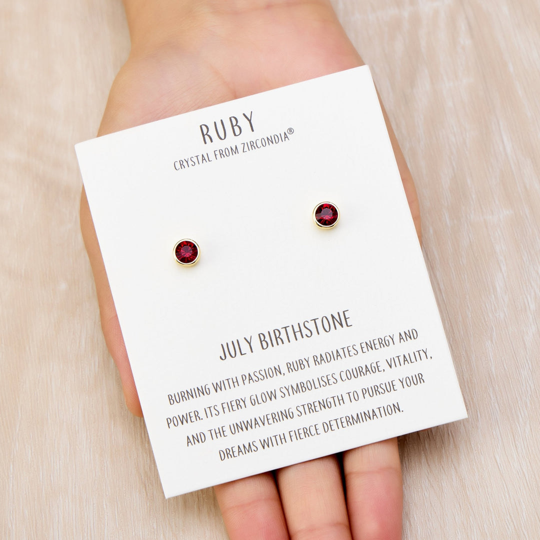 Gold Plated July (Ruby) Birthstone Earrings Created with Zircondia® Crystals - Philip Jones Jewellery