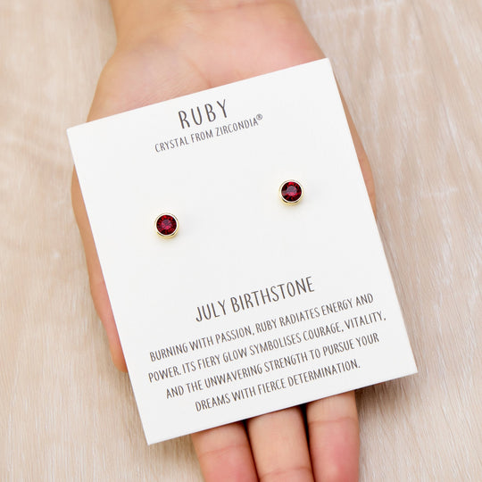 Gold Plated July (Ruby) Birthstone Earrings Created with Zircondia® Crystals - Philip Jones Jewellery