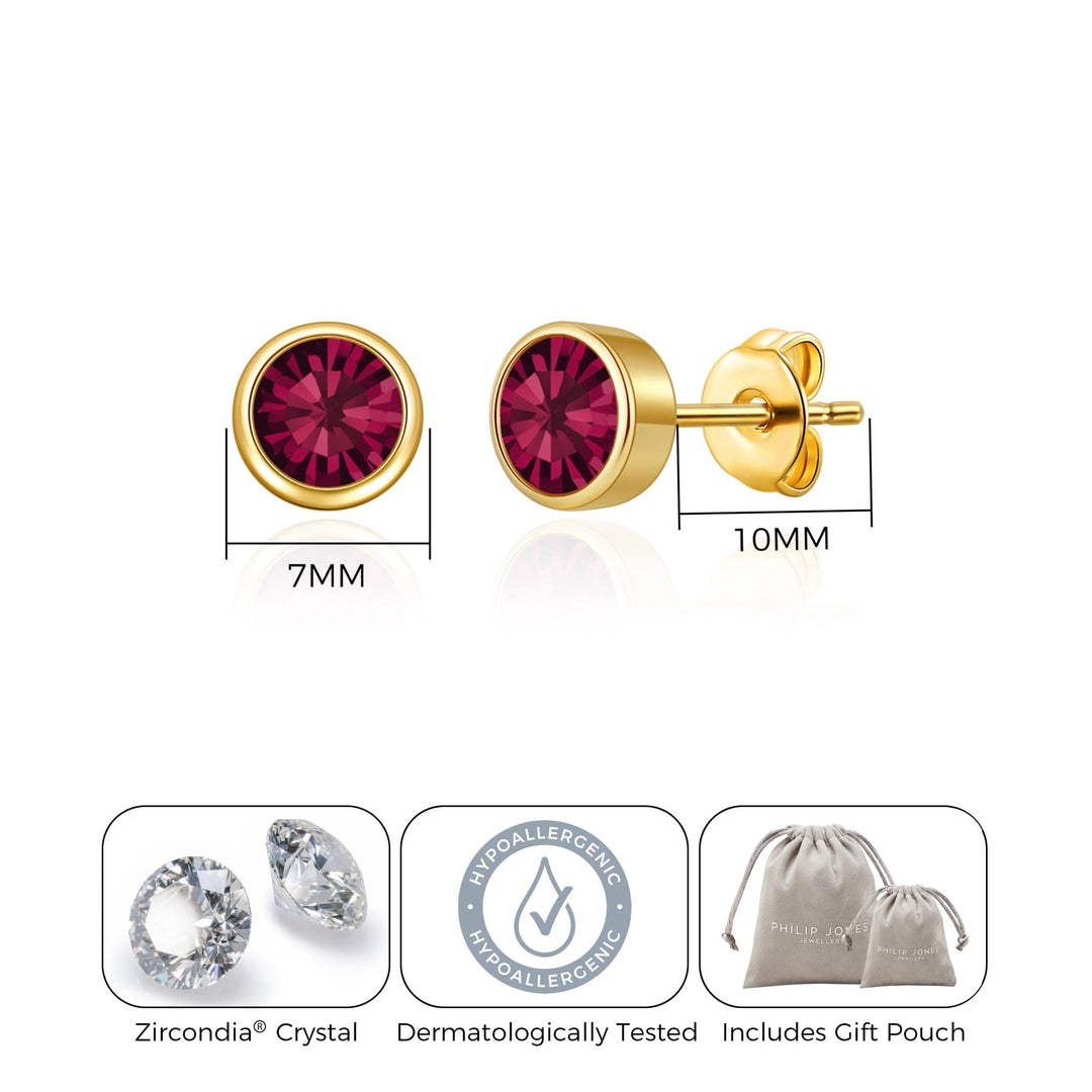 Gold Plated July (Ruby) Birthstone Earrings Created with Zircondia® Crystals - Philip Jones Jewellery