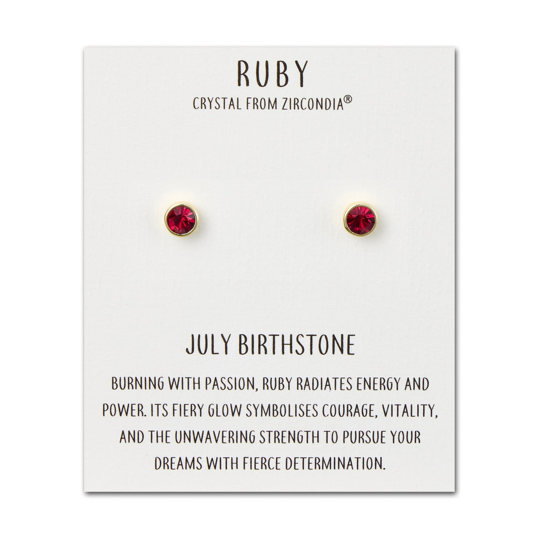 Gold Plated July (Ruby) Birthstone Earrings Created with Zircondia® Crystals - Philip Jones Jewellery