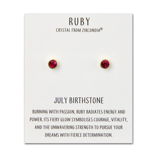 Gold Plated July (Ruby) Birthstone Earrings Created with Zircondia® Crystals - Philip Jones Jewellery