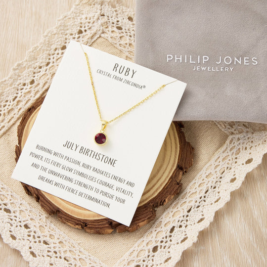 Gold Plated July (Ruby) Birthstone Necklace Created with Zircondia® Crystals - Philip Jones Jewellery