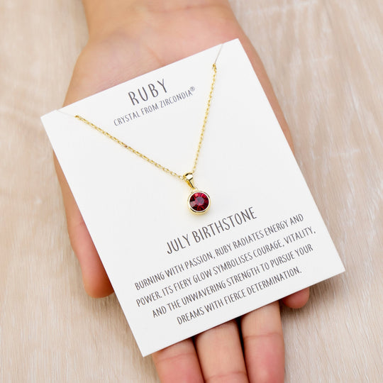 Gold Plated July (Ruby) Birthstone Necklace Created with Zircondia® Crystals - Philip Jones Jewellery