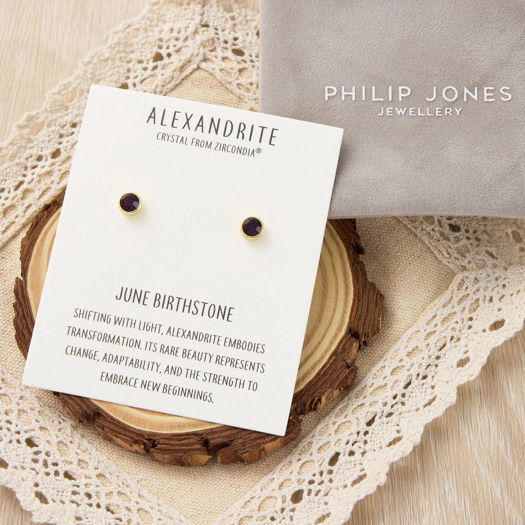 Gold Plated June (Alexandrite) Birthstone Earrings Created with Zircondia® Crystals - Philip Jones Jewellery